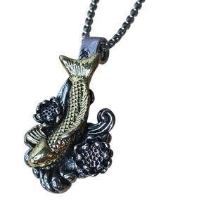 Fish Pendant Necklace Black Gold Tone Heavy Metal Chain 22” Nautical Ocean